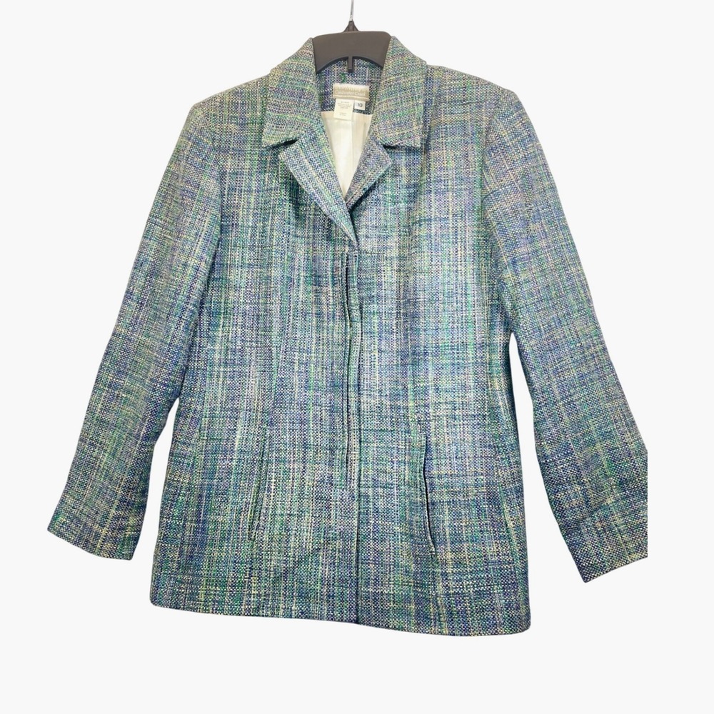 Coldwater‎ Creek Women Size 10 Tweed Blazer Jacket Blue Green Silk Blend Pockets
